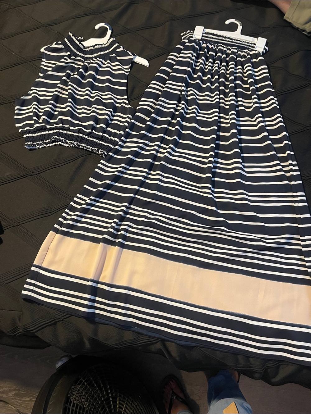 RACHEL Rachel Roy Navy and White Striped Two-Piece Skirt Set with Cream Band
